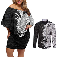 Hawaiian And Japanese Culture Couples Matching Off Shoulder Short Dress and Long Sleeve Button Shirt Irezumi Dragon With Polynesian Pattern Black LT05 Black - Polynesian Pride