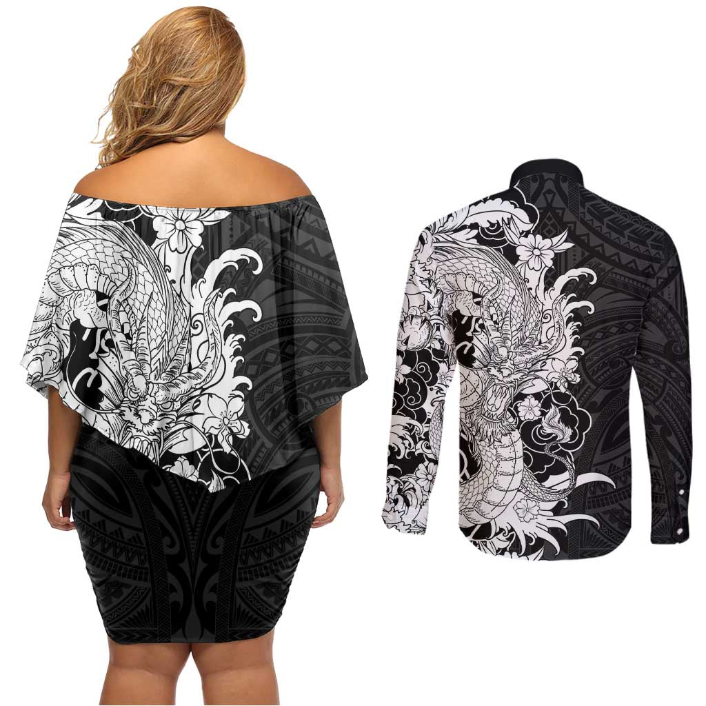 Hawaiian And Japanese Culture Couples Matching Off Shoulder Short Dress and Long Sleeve Button Shirt Irezumi Dragon With Polynesian Pattern Black LT05 - Polynesian Pride