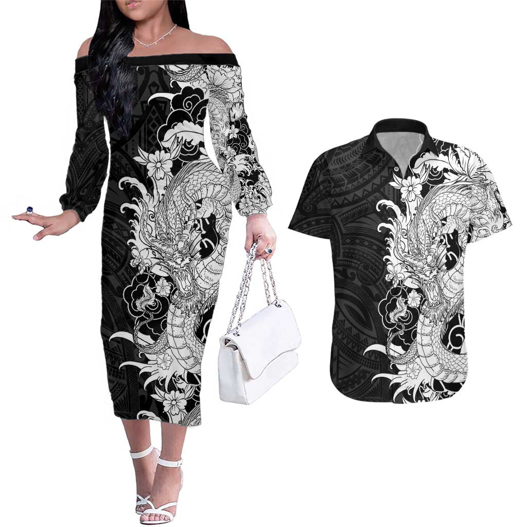 Hawaiian And Japanese Culture Couples Matching Off The Shoulder Long Sleeve Dress and Hawaiian Shirt Irezumi Dragon With Polynesian Pattern Black - Polynesian Pride