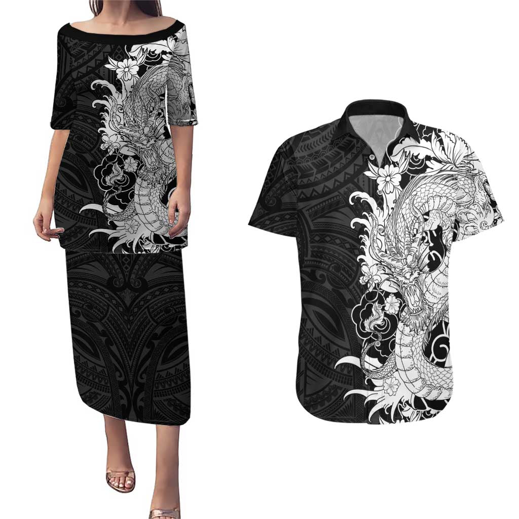 Hawaiian And Japanese Culture Couples Matching Puletasi and Hawaiian Shirt Irezumi Dragon With Polynesian Pattern Black LT05 Black - Polynesian Pride
