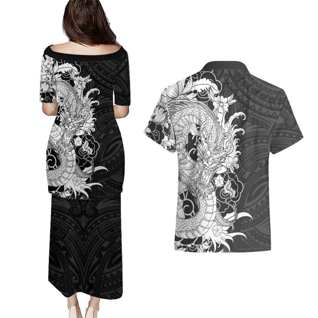 Hawaiian And Japanese Culture Couples Matching Puletasi and Hawaiian Shirt Irezumi Dragon With Polynesian Pattern Black LT05 - Polynesian Pride