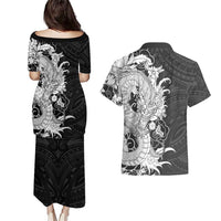 Hawaiian And Japanese Culture Couples Matching Puletasi and Hawaiian Shirt Irezumi Dragon With Polynesian Pattern Black LT05 - Polynesian Pride