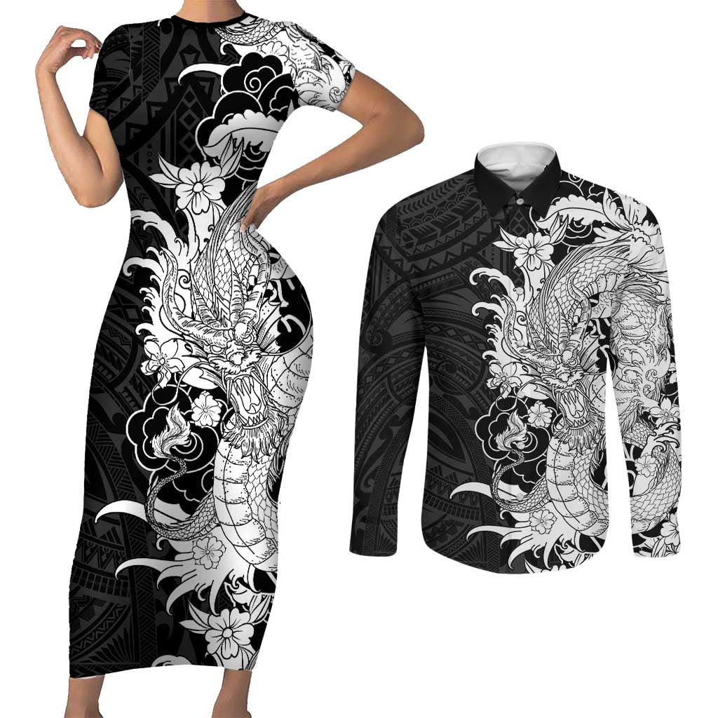 Hawaiian And Japanese Culture Couples Matching Short Sleeve Bodycon Dress and Long Sleeve Button Shirt Irezumi Dragon With Polynesian Pattern Black - Polynesian Pride