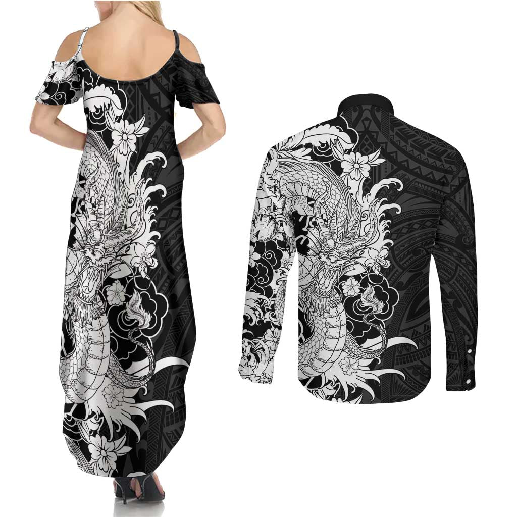 Hawaiian And Japanese Culture Couples Matching Summer Maxi Dress and Long Sleeve Button Shirt Irezumi Dragon With Polynesian Pattern Black - Polynesian Pride