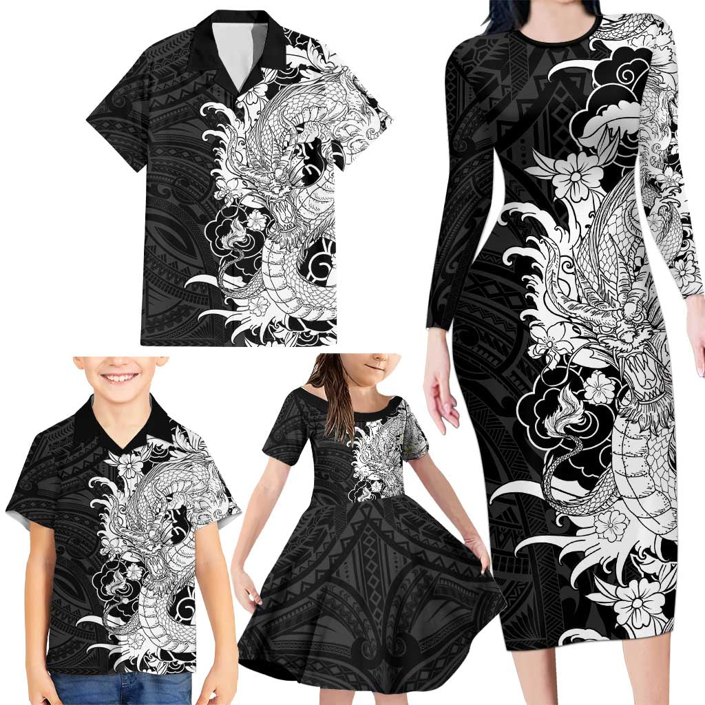Hawaiian And Japanese Culture Family Matching Long Sleeve Bodycon Dress and Hawaiian Shirt Irezumi Dragon With Polynesian Pattern Black LT05 - Polynesian Pride