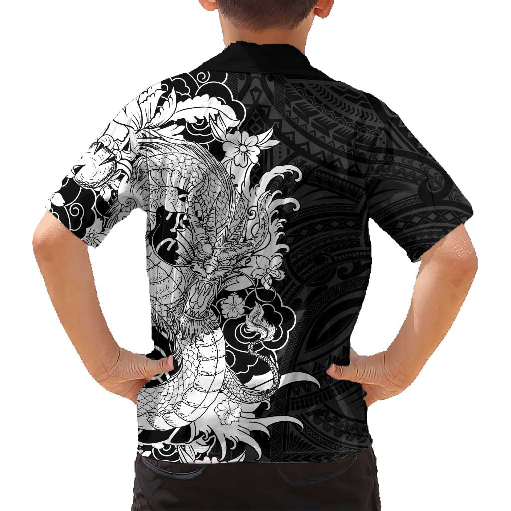 Hawaiian And Japanese Culture Family Matching Mermaid Dress and Hawaiian Shirt Irezumi Dragon With Polynesian Pattern Black LT05 - Polynesian Pride