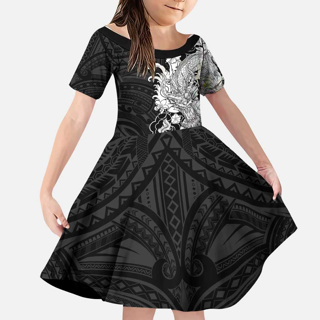 Hawaiian And Japanese Culture Family Matching Mermaid Dress and Hawaiian Shirt Irezumi Dragon With Polynesian Pattern Black LT05 Daughter's Dress Black - Polynesian Pride