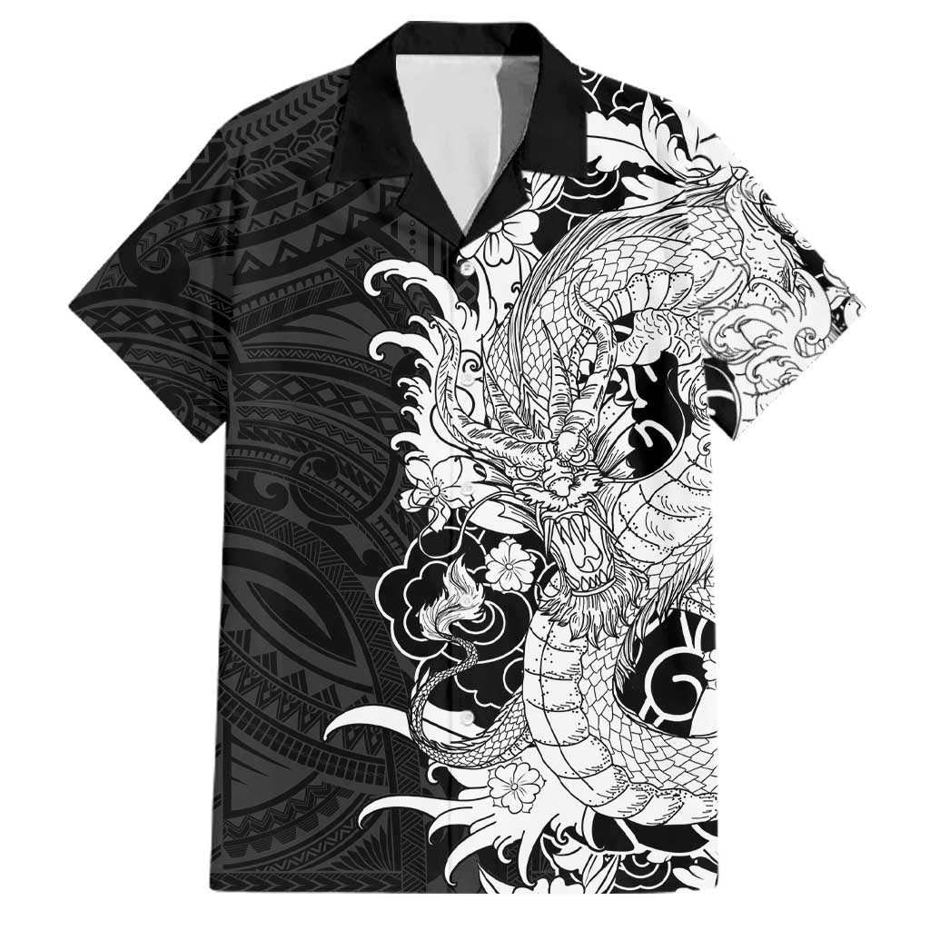 Hawaiian And Japanese Culture Family Matching Mermaid Dress and Hawaiian Shirt Irezumi Dragon With Polynesian Pattern Black LT05 Dad's Shirt - Short Sleeve Black - Polynesian Pride