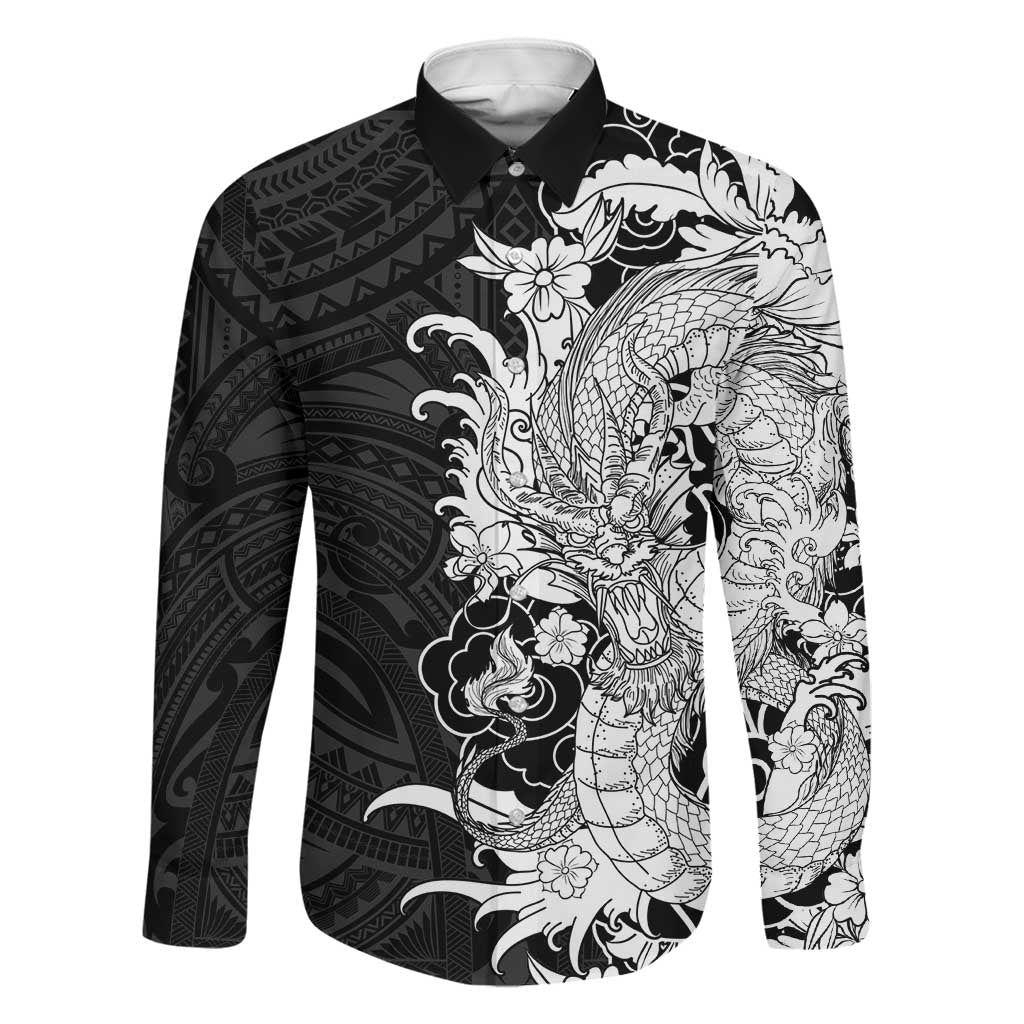 Hawaiian And Japanese Culture Family Matching Mermaid Dress and Hawaiian Shirt Irezumi Dragon With Polynesian Pattern Black LT05 Dad's Shirt - Long Sleeve Black - Polynesian Pride