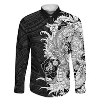 Hawaiian And Japanese Culture Family Matching Mermaid Dress and Hawaiian Shirt Irezumi Dragon With Polynesian Pattern Black LT05 Dad's Shirt - Long Sleeve Black - Polynesian Pride