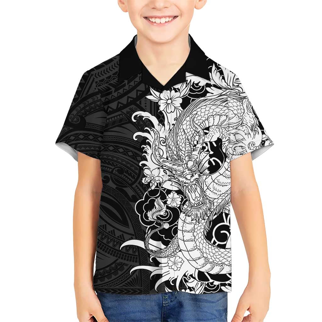 Hawaiian And Japanese Culture Family Matching Mermaid Dress and Hawaiian Shirt Irezumi Dragon With Polynesian Pattern Black LT05 Son's Shirt Black - Polynesian Pride