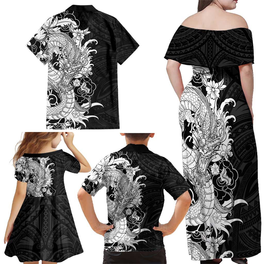 Hawaiian And Japanese Culture Family Matching Off Shoulder Maxi Dress and Hawaiian Shirt Irezumi Dragon With Polynesian Pattern Black - Polynesian Pride