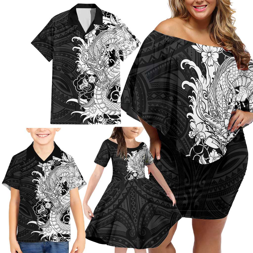 Hawaiian And Japanese Culture Family Matching Off Shoulder Short Dress and Hawaiian Shirt Irezumi Dragon With Polynesian Pattern Black LT05 - Polynesian Pride