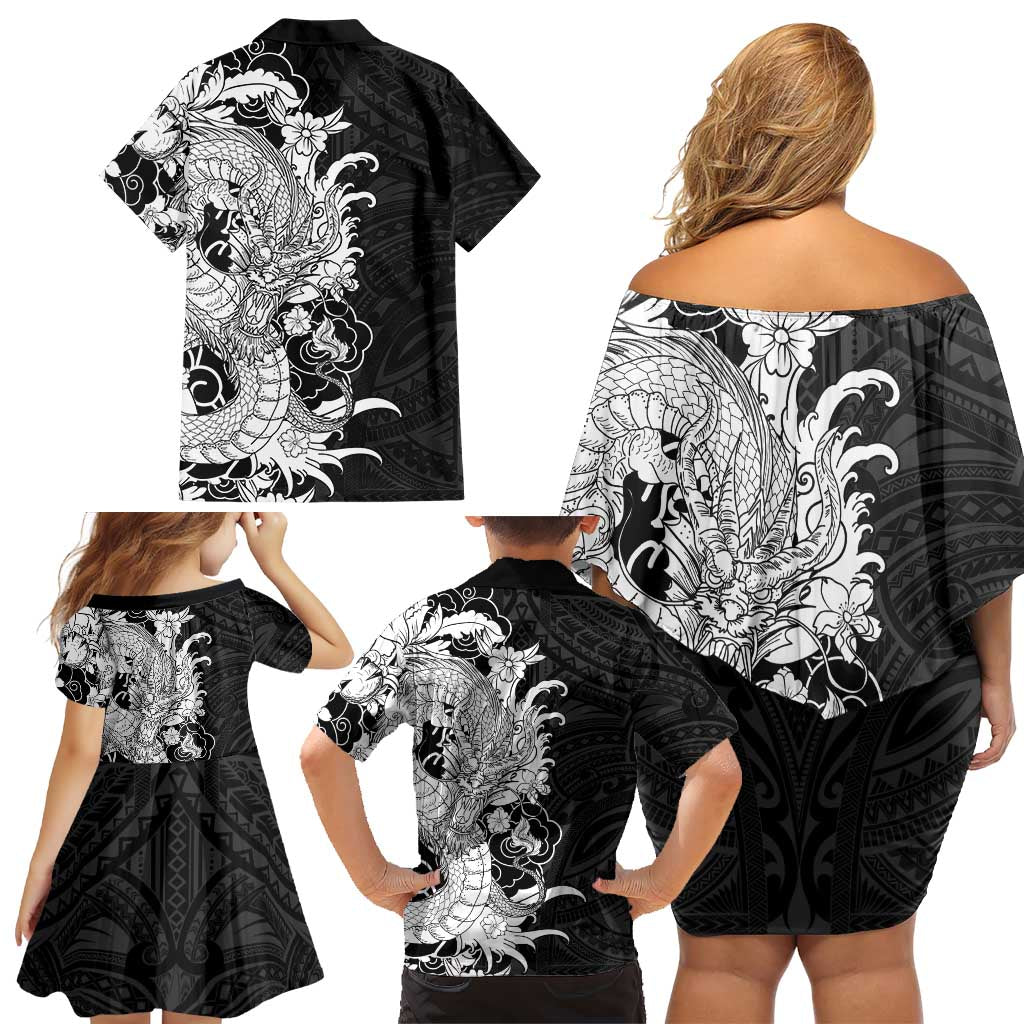 Hawaiian And Japanese Culture Family Matching Off Shoulder Short Dress and Hawaiian Shirt Irezumi Dragon With Polynesian Pattern Black - Polynesian Pride