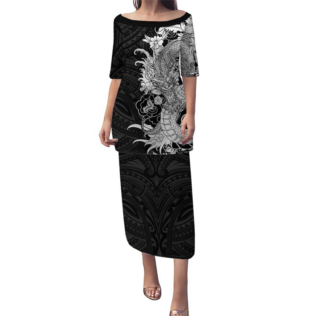 Hawaiian And Japanese Culture Family Matching Puletasi and Hawaiian Shirt Irezumi Dragon With Polynesian Pattern Black - Polynesian Pride