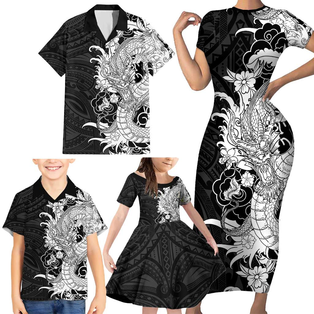 Hawaiian And Japanese Culture Family Matching Short Sleeve Bodycon Dress and Hawaiian Shirt Irezumi Dragon With Polynesian Pattern Black - Polynesian Pride