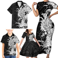 Hawaiian And Japanese Culture Family Matching Short Sleeve Bodycon Dress and Hawaiian Shirt Irezumi Dragon With Polynesian Pattern Black - Polynesian Pride