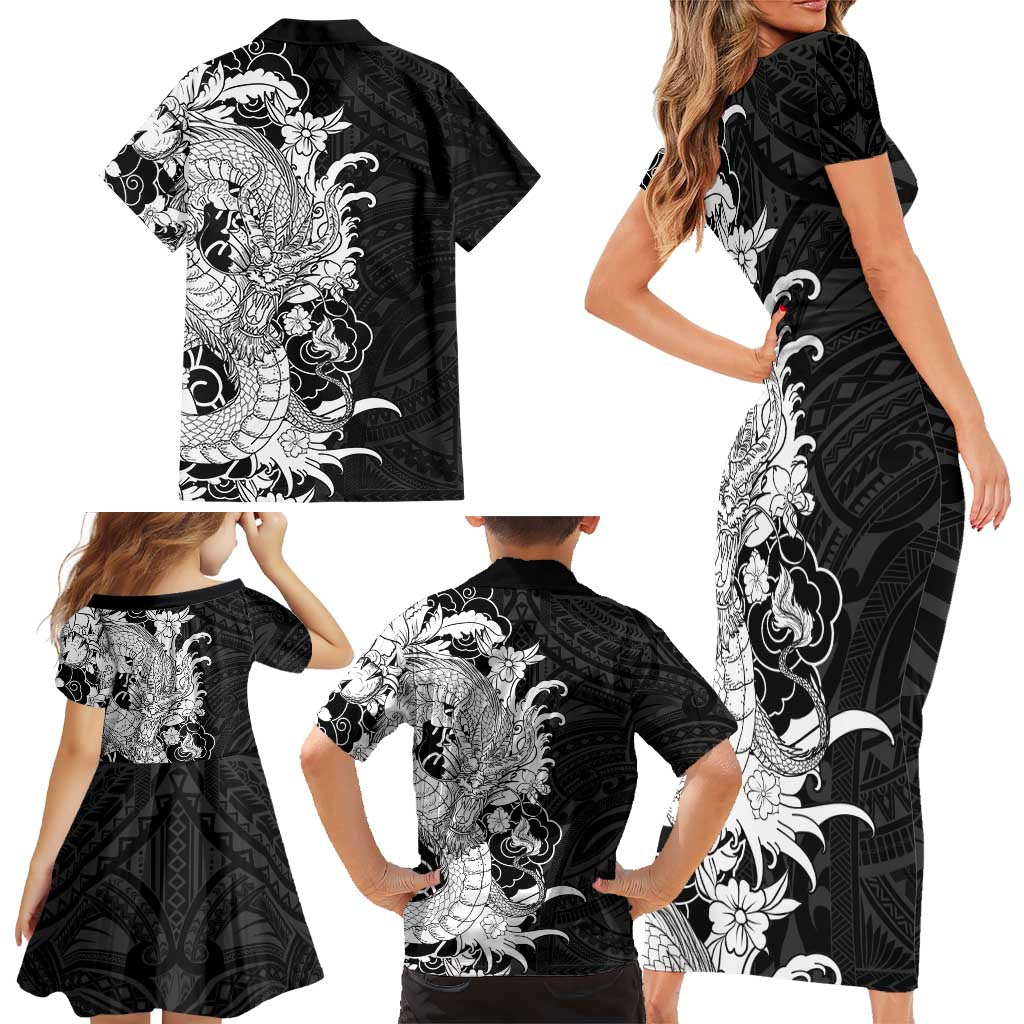 Hawaiian And Japanese Culture Family Matching Short Sleeve Bodycon Dress and Hawaiian Shirt Irezumi Dragon With Polynesian Pattern Black - Polynesian Pride