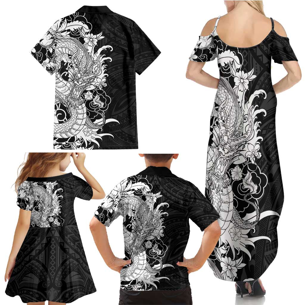 Hawaiian And Japanese Culture Family Matching Summer Maxi Dress and Hawaiian Shirt Irezumi Dragon With Polynesian Pattern Black - Polynesian Pride