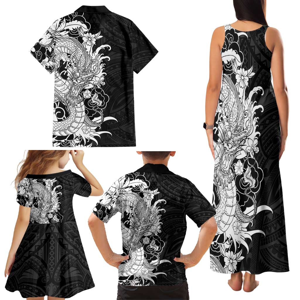 Hawaiian And Japanese Culture Family Matching Tank Maxi Dress and Hawaiian Shirt Irezumi Dragon With Polynesian Pattern Black - Polynesian Pride