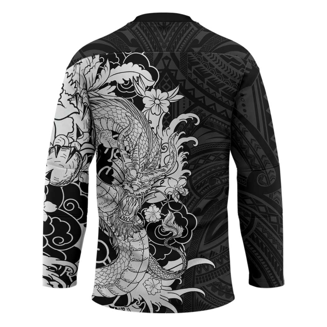Hawaiian And Japanese Culture Hockey Jersey Irezumi Dragon With Polynesian Pattern Black LT05 - Polynesian Pride