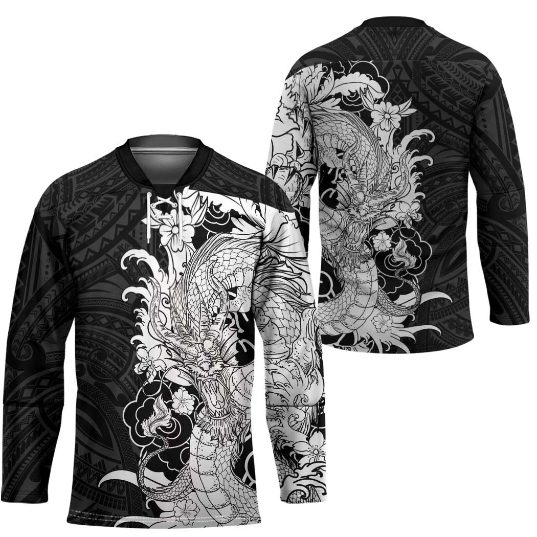 Hawaiian And Japanese Culture Hockey Jersey Irezumi Dragon With Polynesian Pattern Black LT05 - Polynesian Pride