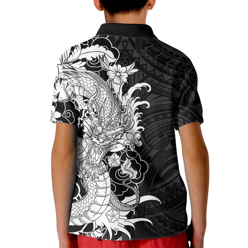 Hawaiian And Japanese Culture Kid Polo Shirt Irezumi Dragon With Polynesian Pattern Black LT05 - Polynesian Pride