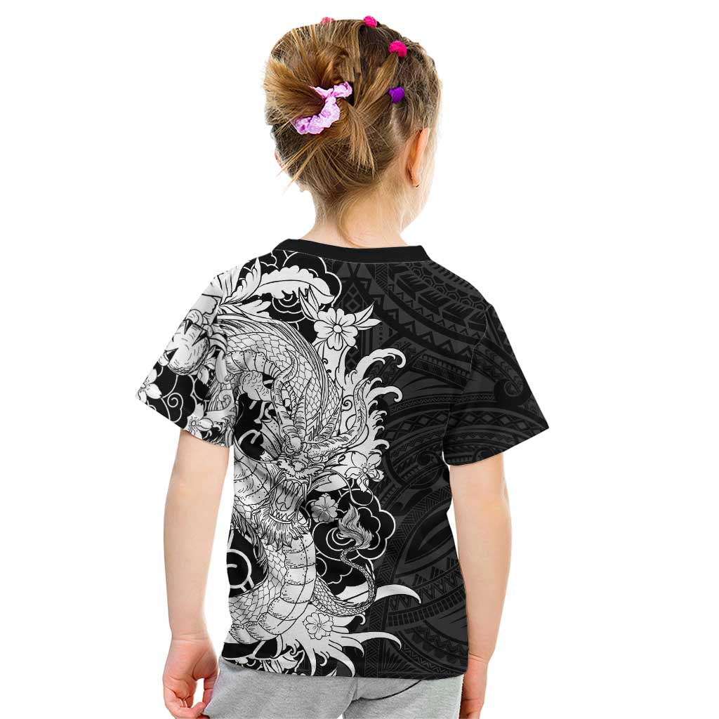 Hawaiian And Japanese Culture Kid T Shirt Irezumi Dragon With Polynesian Pattern Black - Polynesian Pride