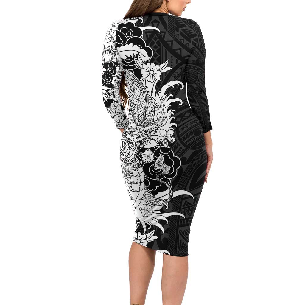 Hawaiian And Japanese Culture Long Sleeve Bodycon Dress Irezumi Dragon With Polynesian Pattern Black LT05 - Polynesian Pride