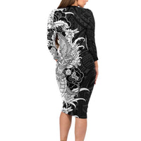 Hawaiian And Japanese Culture Long Sleeve Bodycon Dress Irezumi Dragon With Polynesian Pattern Black LT05 - Polynesian Pride