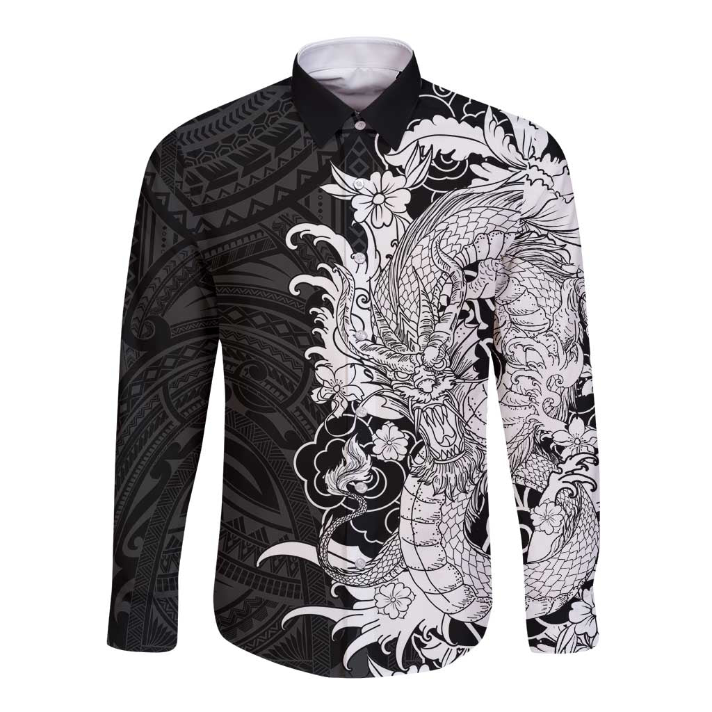 Hawaiian And Japanese Culture Long Sleeve Button Shirt Irezumi Dragon With Polynesian Pattern Black LT05 Unisex Black - Polynesian Pride