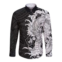 Hawaiian And Japanese Culture Long Sleeve Button Shirt Irezumi Dragon With Polynesian Pattern Black LT05 Unisex Black - Polynesian Pride
