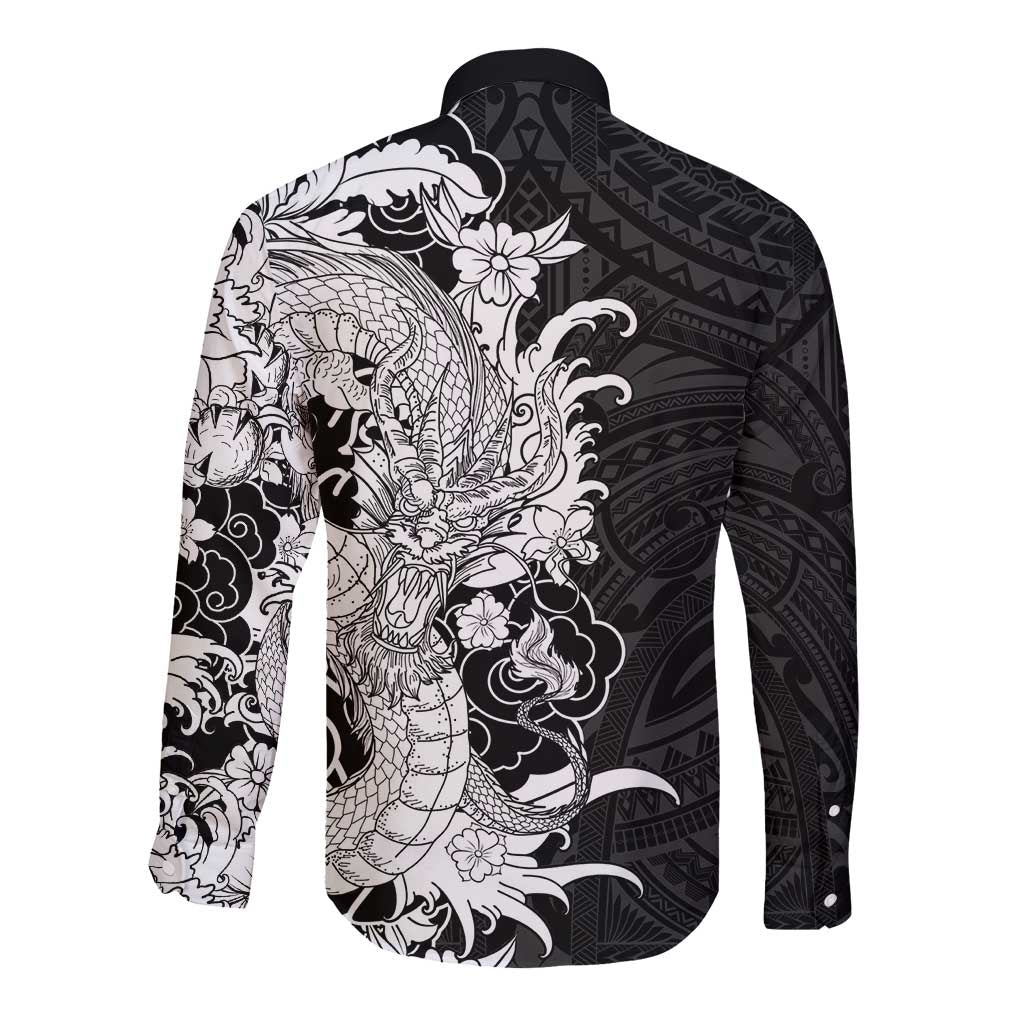 Hawaiian And Japanese Culture Long Sleeve Button Shirt Irezumi Dragon With Polynesian Pattern Black LT05 - Polynesian Pride