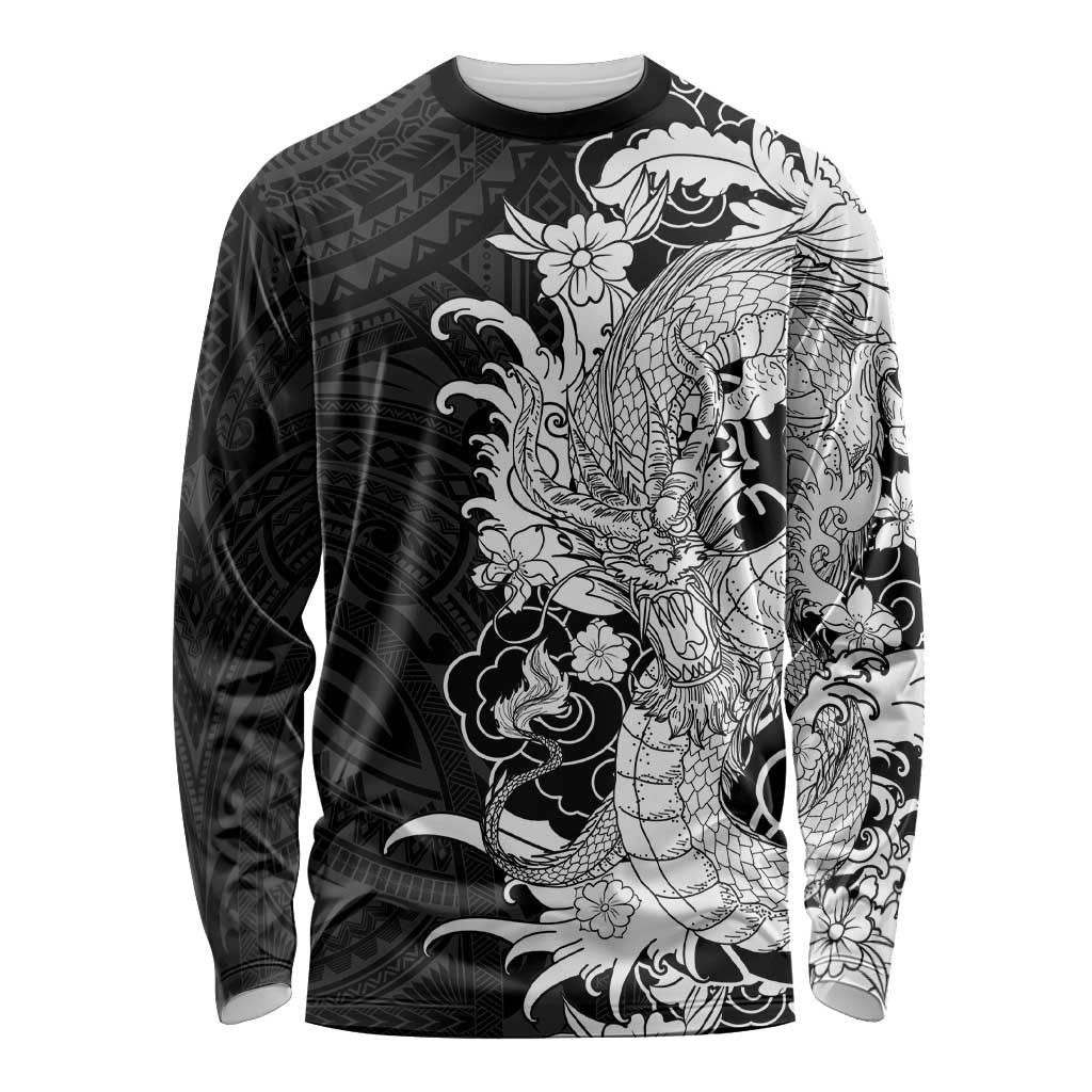 Hawaiian And Japanese Culture Long Sleeve Shirt Irezumi Dragon With Polynesian Pattern Black LT05 Unisex Black - Polynesian Pride