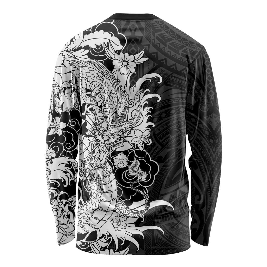 Hawaiian And Japanese Culture Long Sleeve Shirt Irezumi Dragon With Polynesian Pattern Black LT05 - Polynesian Pride