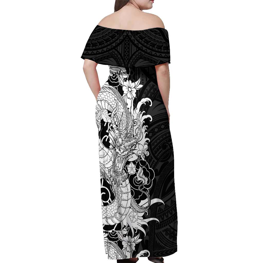 Hawaiian And Japanese Culture Off Shoulder Maxi Dress Irezumi Dragon With Polynesian Pattern Black LT05 - Polynesian Pride