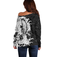 Hawaiian And Japanese Culture Off Shoulder Sweater Irezumi Dragon With Polynesian Pattern Black LT05 - Polynesian Pride