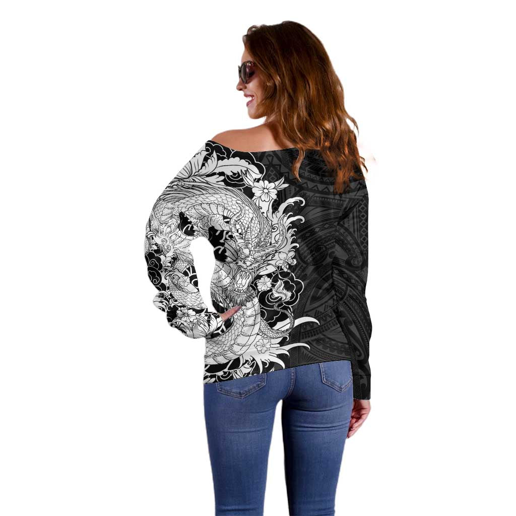 Hawaiian And Japanese Culture Off Shoulder Sweater Irezumi Dragon With Polynesian Pattern Black LT05 - Polynesian Pride