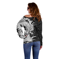 Hawaiian And Japanese Culture Off Shoulder Sweater Irezumi Dragon With Polynesian Pattern Black LT05 - Polynesian Pride