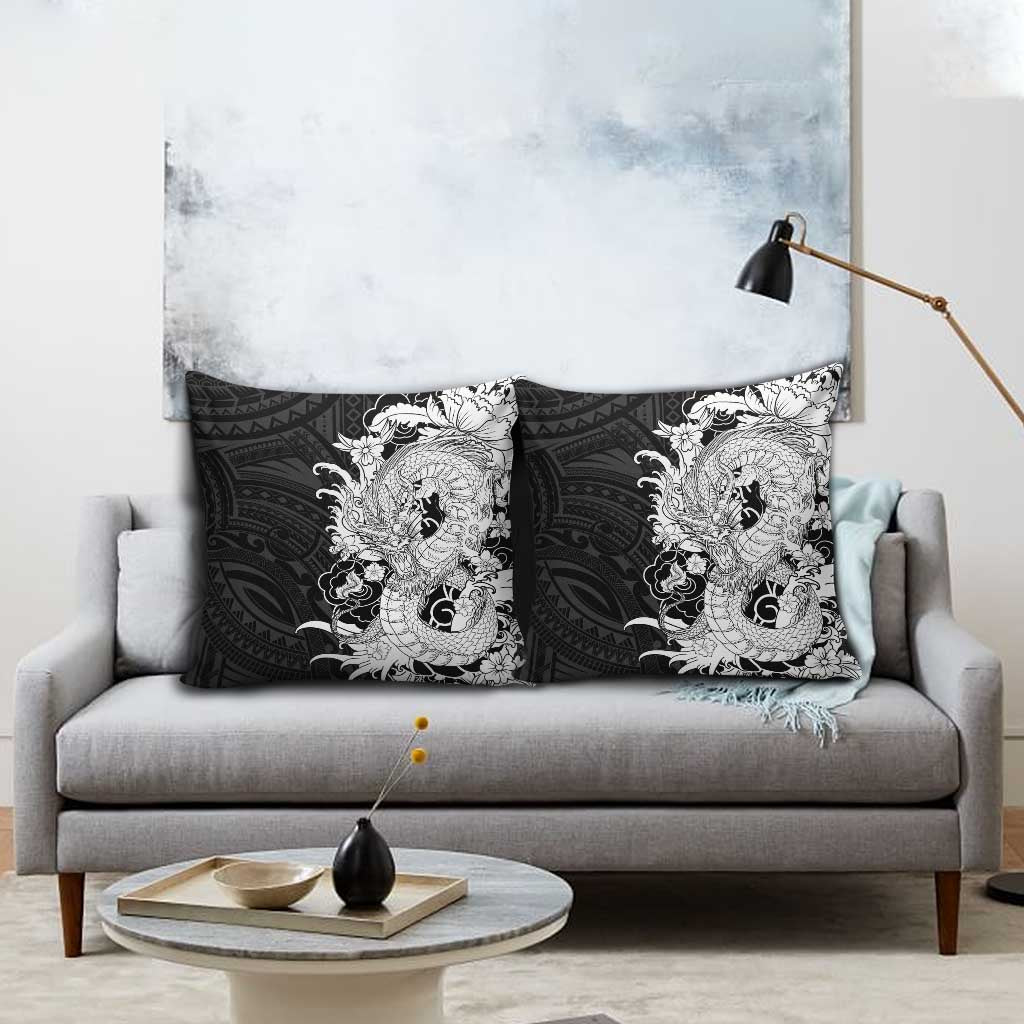 Hawaiian And Japanese Culture Pillow Cover Irezumi Dragon With Polynesian Pattern Black LT05 - Polynesian Pride