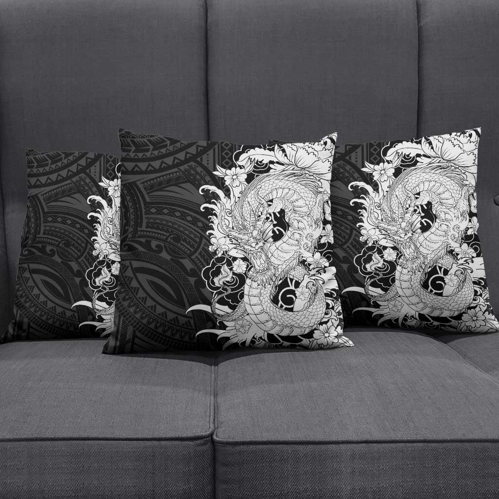 Hawaiian And Japanese Culture Pillow Cover Irezumi Dragon With Polynesian Pattern Black LT05 - Polynesian Pride