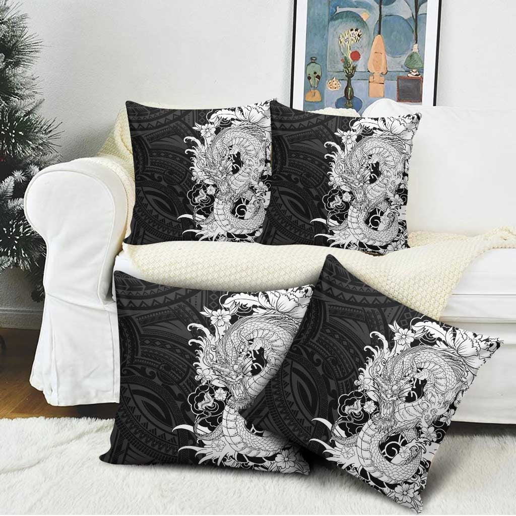 Hawaiian And Japanese Culture Pillow Cover Irezumi Dragon With Polynesian Pattern Black LT05 - Polynesian Pride