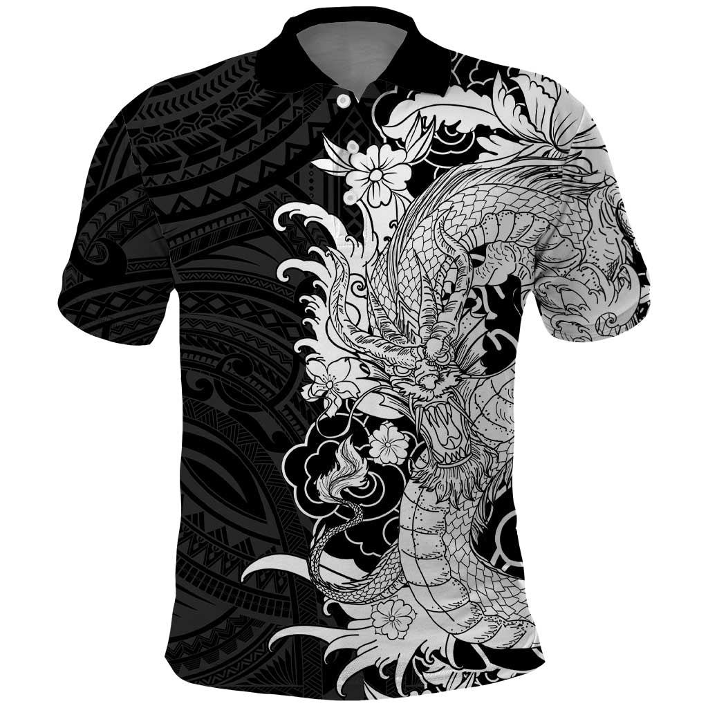 Hawaiian And Japanese Culture Polo Shirt Irezumi Dragon With Polynesian Pattern Black LT05 Black - Polynesian Pride