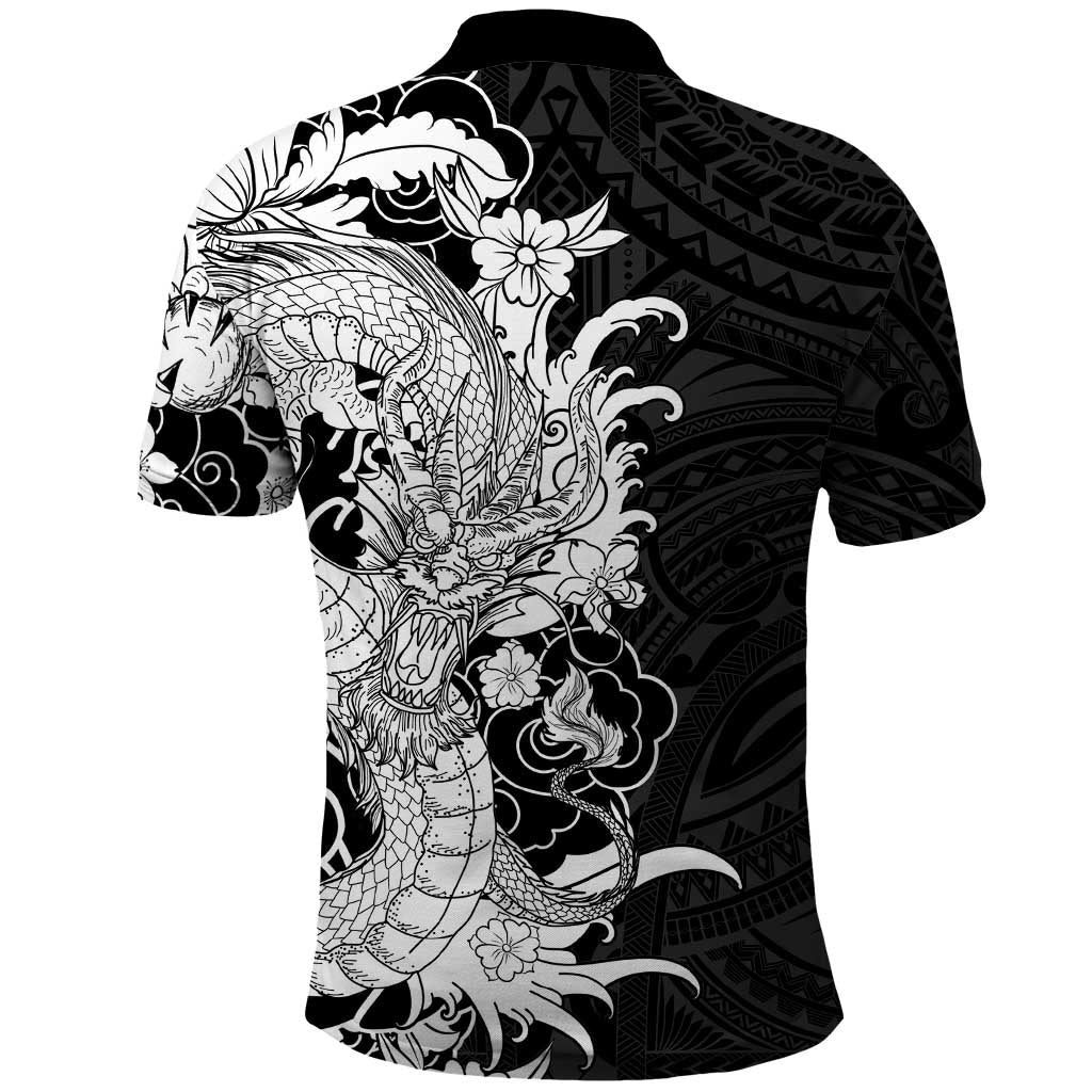 Hawaiian And Japanese Culture Polo Shirt Irezumi Dragon With Polynesian Pattern Black LT05 - Polynesian Pride
