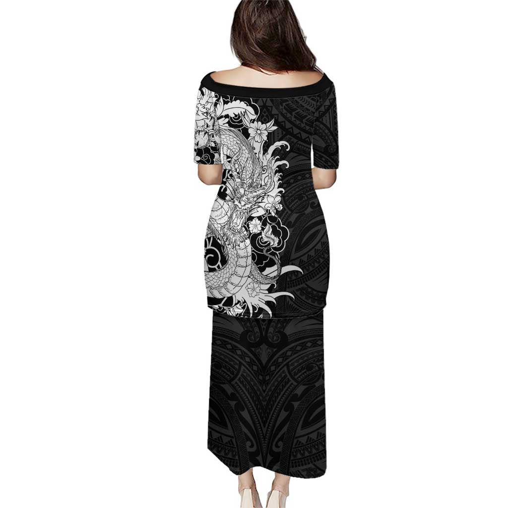 Hawaiian And Japanese Culture Puletasi Irezumi Dragon With Polynesian Pattern Black - Polynesian Pride