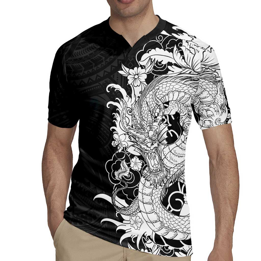 Hawaiian And Japanese Culture Rugby Jersey Irezumi Dragon With Polynesian Pattern Black LT05 - Polynesian Pride