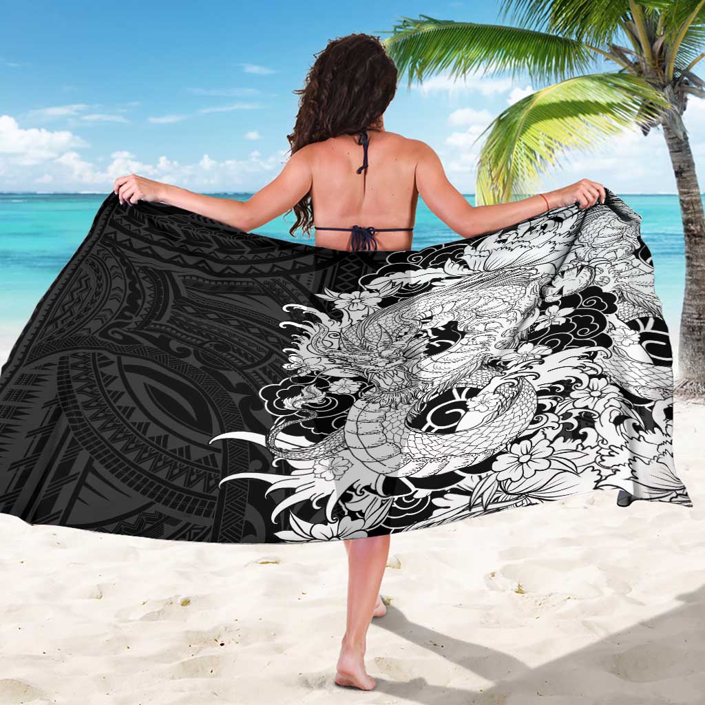 Hawaiian And Japanese Culture Sarong Irezumi Dragon With Polynesian Pattern Black LT05 - Polynesian Pride