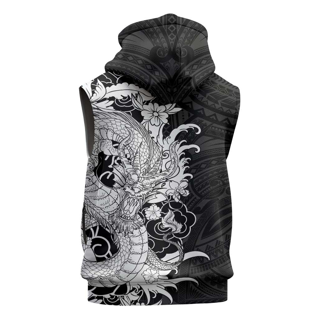 Hawaiian And Japanese Culture Sleeveless Zip Hoodie Irezumi Dragon With Polynesian Pattern Black LT05 - Polynesian Pride