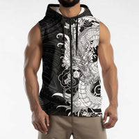 Hawaiian And Japanese Culture Sleeveless Zip Hoodie Irezumi Dragon With Polynesian Pattern Black LT05 - Polynesian Pride