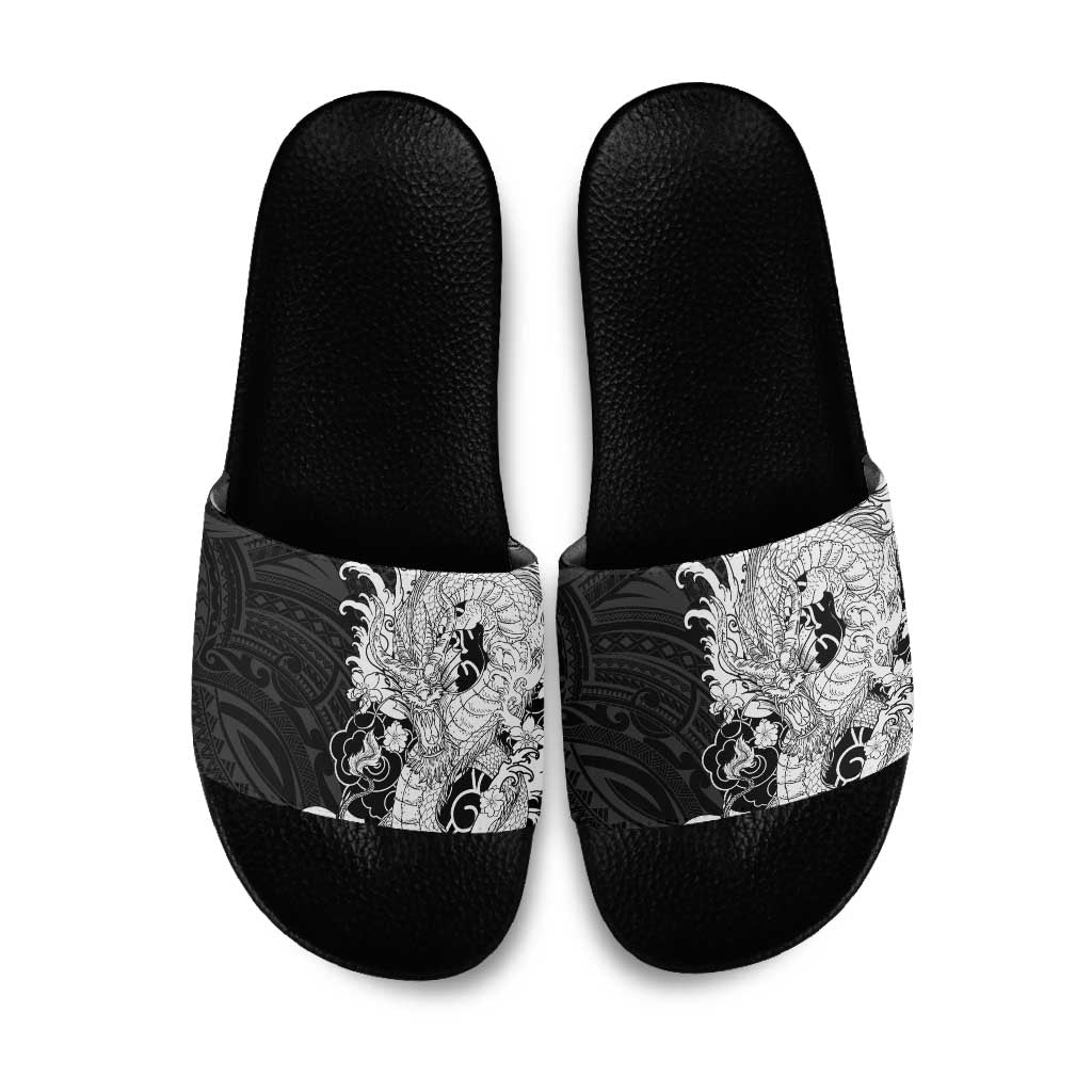 Hawaiian And Japanese Culture Slide Sandals Irezumi Dragon With Polynesian Pattern Black LT05 Black - Polynesian Pride